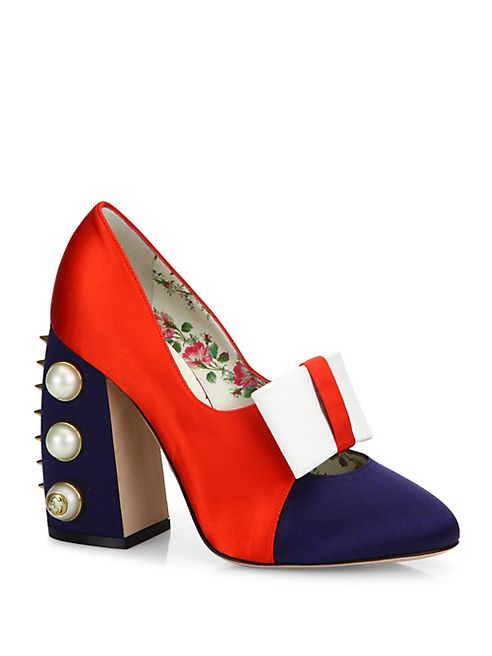 Gucci - Luna Studded Block Heel Colorblock Satin Pumps