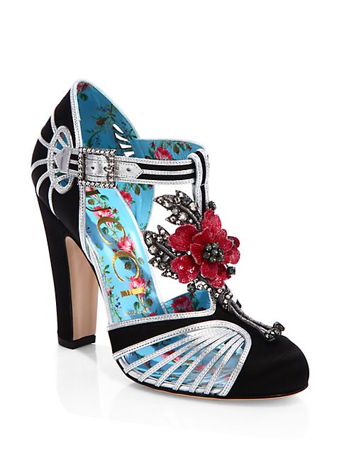 Gucci - Mariska Jeweled Satin T-Strap Pumps