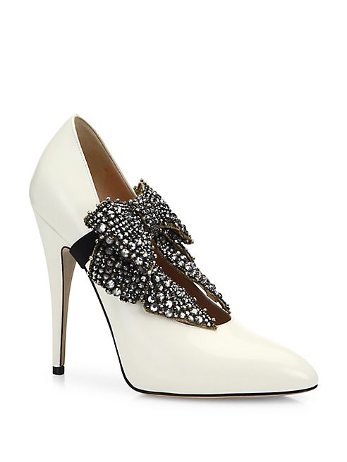 Gucci - Elaisa Removable Crystal Bow & Leather Point Toe Pumps