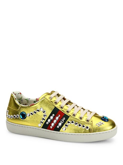 Gucci - New Ace Jeweled Metallic Leather Sneakers