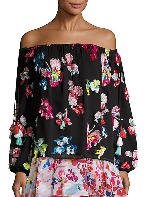 Tanya Taylor - Tessa Embroidered Tassel Silk Off-The-Shoulder Top