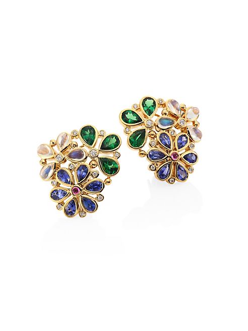 Temple St. Clair - Flower Cluster Diamond & Semi-Precious Multi-Stone Stud Earrings