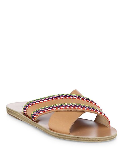 Ancient Greek Sandals - Thais Raffia Crossover Vachetta Leather Slide Sandals