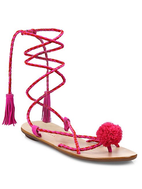 Loeffler Randall - Bo Lace-Up Suede & Raffia Pom-Pom Sandals