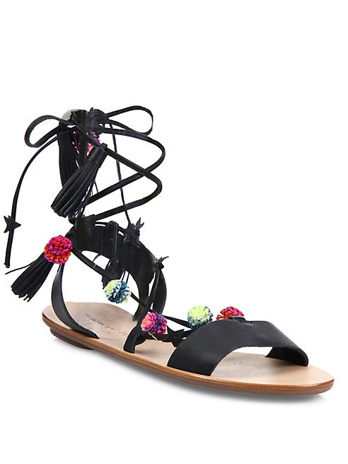 Loeffler Randall - Suze Pom-Pom Leather Ankle-Wrap Sandals