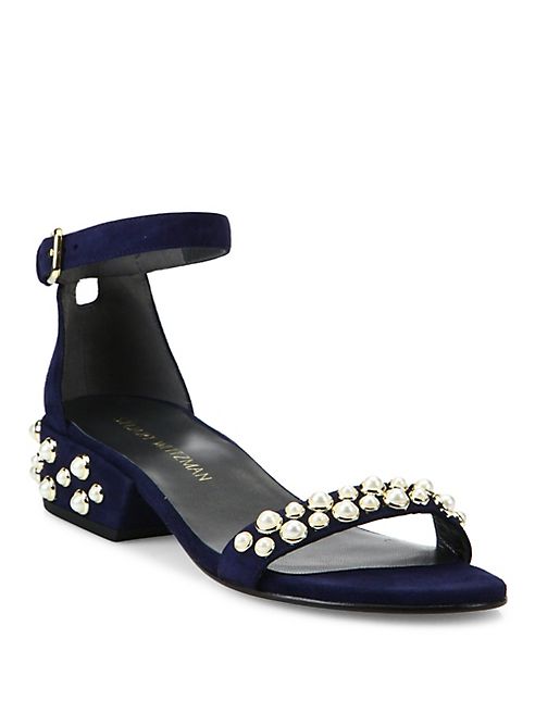 Stuart Weitzman - All Pearls Studded Suede Block Heel Sandals