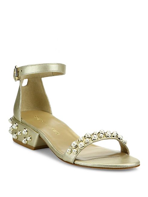 Stuart Weitzman - All Pearls Studded Metallic Leather Ankle Strap Sandals