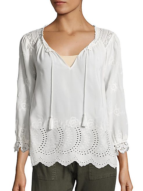 Joie - Rufina Embroidered Silk Eyelet Blouse