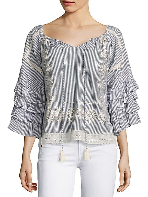 Love Sam - Embroidered Off-The-Shoulder Ruffle Sleeve Blouse