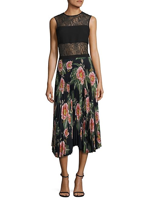 Delfi Collective - Anglea Lace Top Floral Pleated Midi Dress