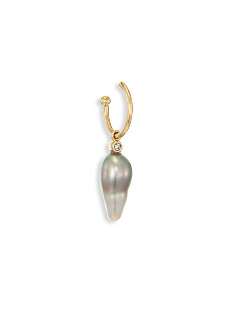 Mizuki - Diamond, 10MM Grey Baroque Tahitian Pearl & 14K Yellow Gold Single Small Open Hoop Earring