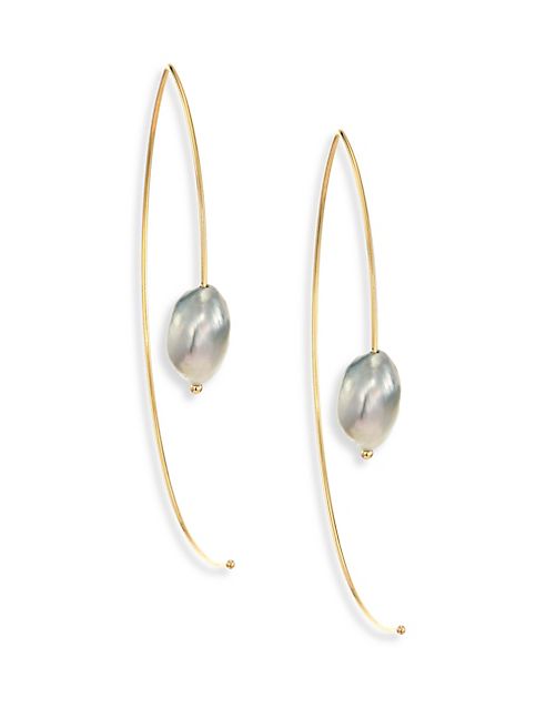 Mizuki - 7MM Light Grey Baroque Tahitian Pearl & 14K Yellow Gold Large Open Marquis Earrings