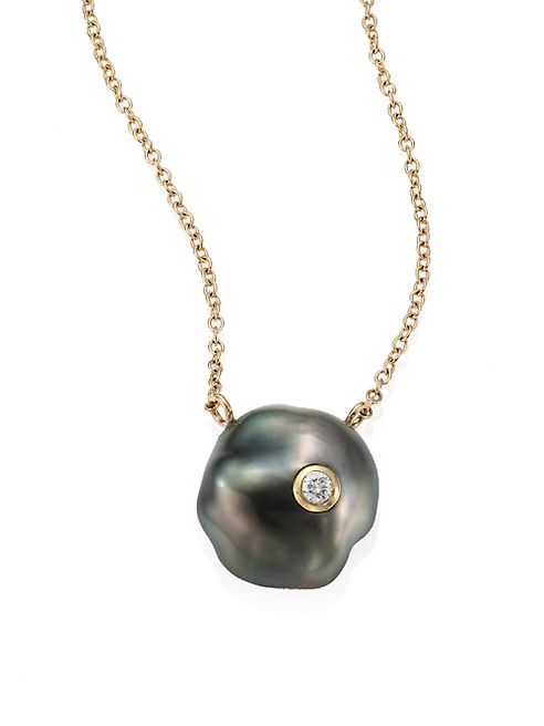 Mizuki - Diamond, 10MM Grey Baroque Tahitian Pearl & 14K Yellow Gold Pendant Necklace