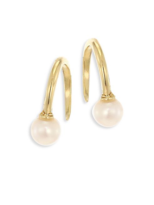 Mizuki - 4MM White Freshwater Pearl & 14K Yellow Gold Upside Down Hoop Earrings/0.5