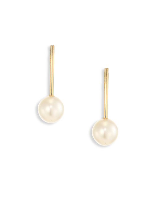 Mizuki - 6MM White Freshwater Pearl & 14K Yellow Gold Short Bar Earrings