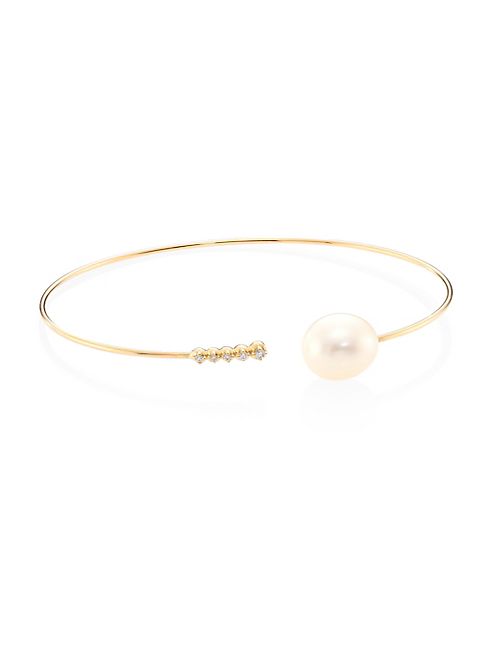 Mizuki - Diamond, 10MM White Oval Freshwater Pearl & 14K Yellow Gold Thin Cuff