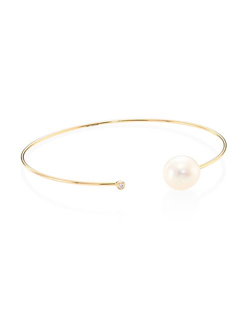 Mizuki - Diamond, 10MM White Oval Freshwater Pearl & 14K Yellow Gold Thin Cuff