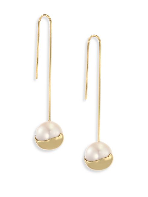 Mizuki - Fluid 10MM White Freshwater Pearl & 14K Yellow Gold Straight Bar Earrings