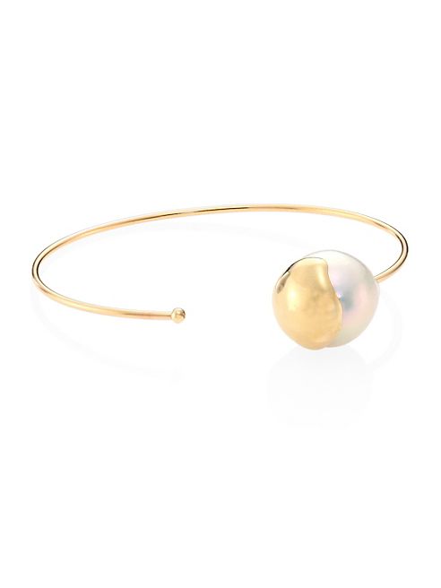 Mizuki - Fluid 12MM White Baroque Freshwater Pearl & 14K Yellow Gold Thin Cuff