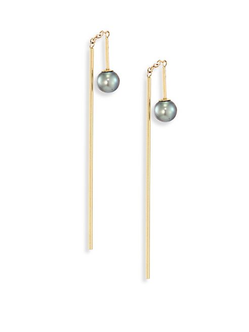 Mizuki - 4MM Black Oval Freshwater Pearl & 14K Yellow Gold Threader Bar Earrings