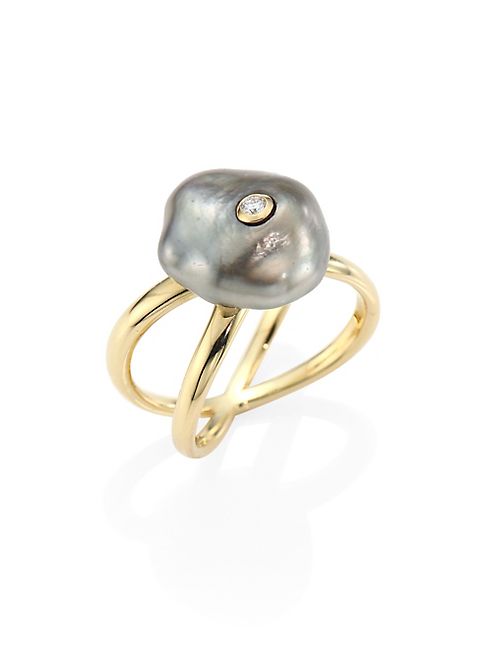 Mizuki - Diamond, 10MM Grey Baroque Tahitian Pearl & 14K Yellow Gold Crossover Ring