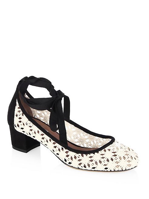 Tabitha Simmons - Minnie Daisy Crochet & Suede Block Heel Pumps