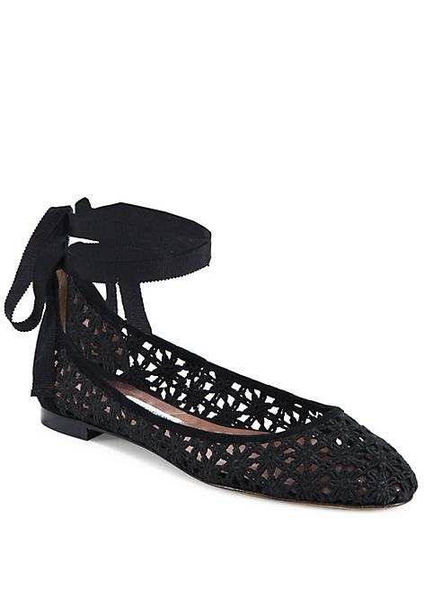 Tabitha Simmons - Daria Daisy Suede-Trim Crochet Ankle-Wrap Flats