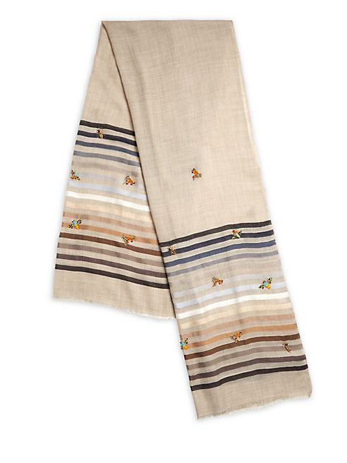 Janavi - Bee-Embroidered Striped Wool & Silk Scarf