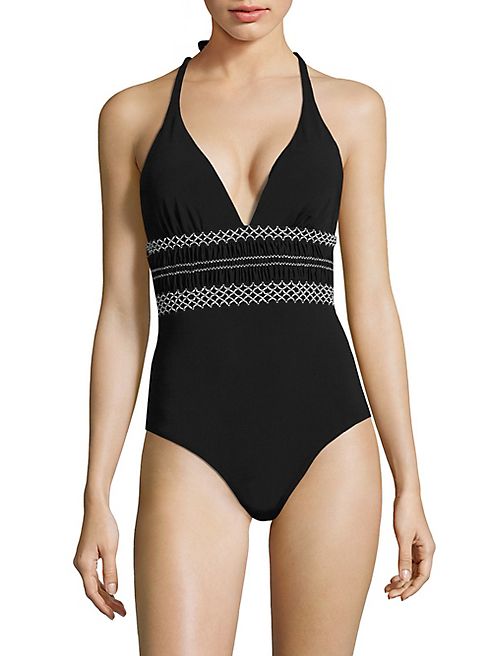 Shoshanna - Geometric Smocked One-Piece Swimsuit