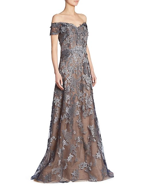 RENE RUIZ - Floral Off-the-Shoulder Lace Gown