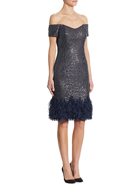 RENE RUIZ - Off-The-Shoulder Beaded Fringed Dress