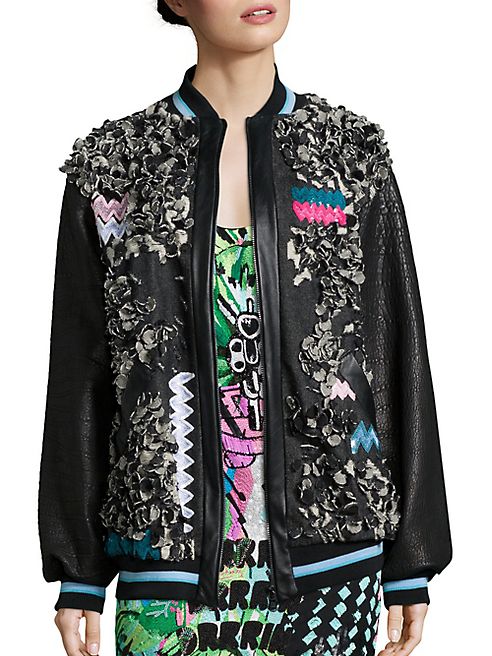 Roberta Einer - Embellished Denim & Leather Bomber Jacket