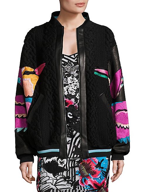 Roberta Einer - Hummingbird Leather & Jacquard Bomber Jacket