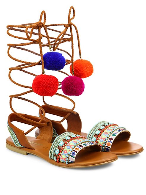 Elina Linardaki - L.A. Lover Embroidered Leather High-Wrap Sandals