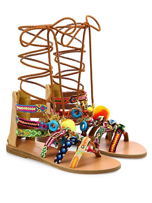 Elina Linardaki - Pinata Embroidered Leather Mid-Wrap Sandals