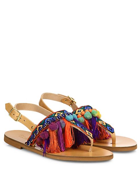 Elina Linardaki - Dizzy Parrot Embroidered Leather Flat Slingback Sandals