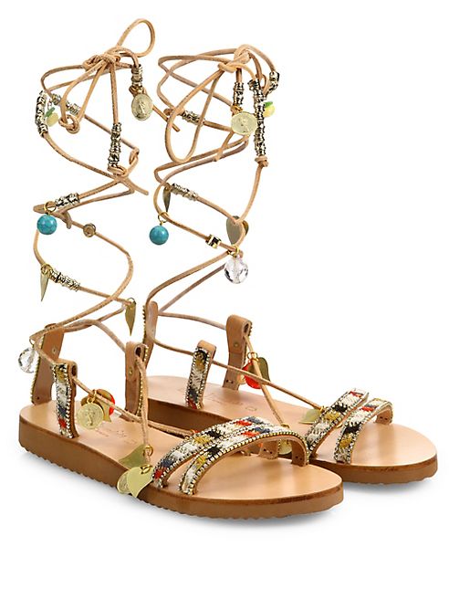 Elina Linardaki - Stardust Embellished Leather Mid-Wrap Sandals