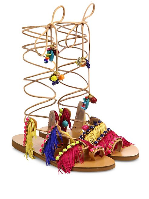 Elina Linardaki - Tahiti Fringed Leather Lace-Up Sandals