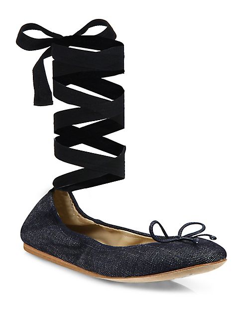 Saks Fifth Avenue Collection - Denim Ankle-Wrap Ballet Flats