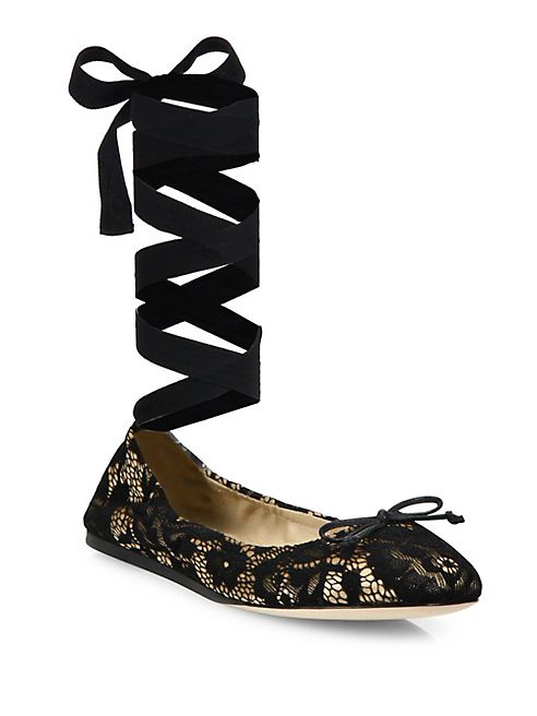 Saks Fifth Avenue Collection - Lace Ankle-Wrap Ballet Flats