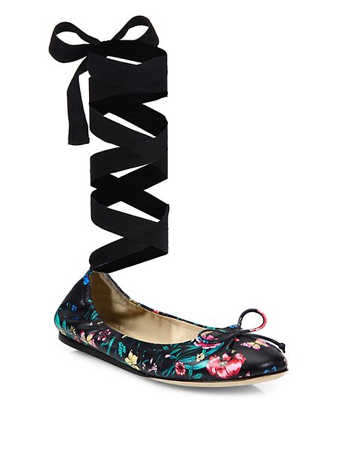 Saks Fifth Avenue Collection - Floral-Print Leather Ankle-Wrap Ballet Flats