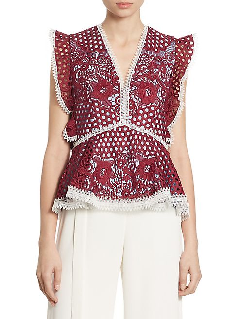 Alexis - Kirk Ruffled Embroidered Lace Peplum Top