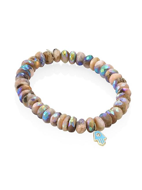 Sydney Evan - Small Hamsa Diamond, Turquoise Enamel & Pink Opal Beaded Bracelet