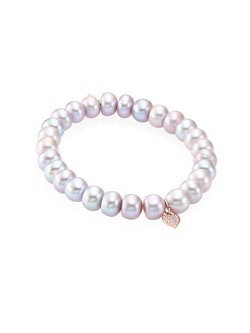 Sydney Evan - Heart Diamond & 8MM Grey Button Pearl Bracelet