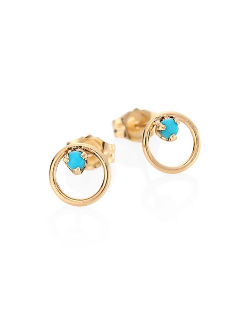 Zoe Chicco - Small Circle Turquouise & 14K Yellow Gold Stud Earrings