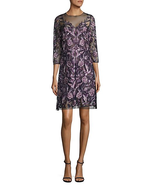 Marchesa Notte - Embroidered Illusion Neck Dress