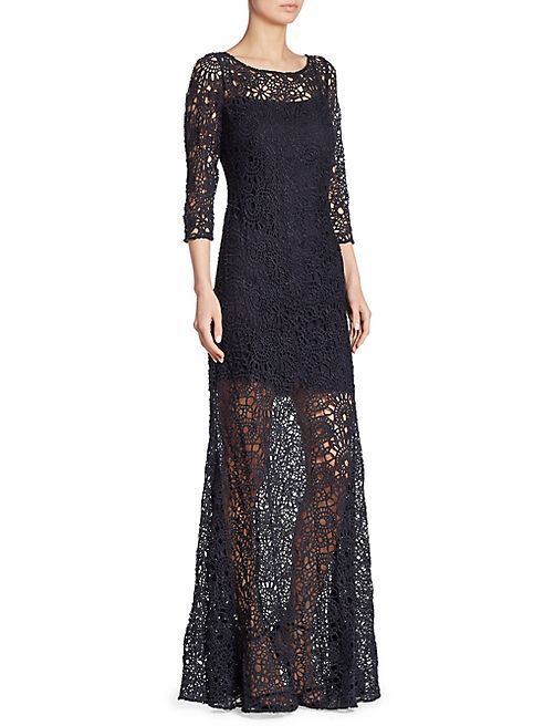 Kay Unger - Three-Quarter Sleeve Lace Sheer Gown