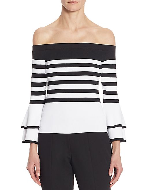 Scripted - Striped Off-The-Shoulder Bell Sleeve Sweater