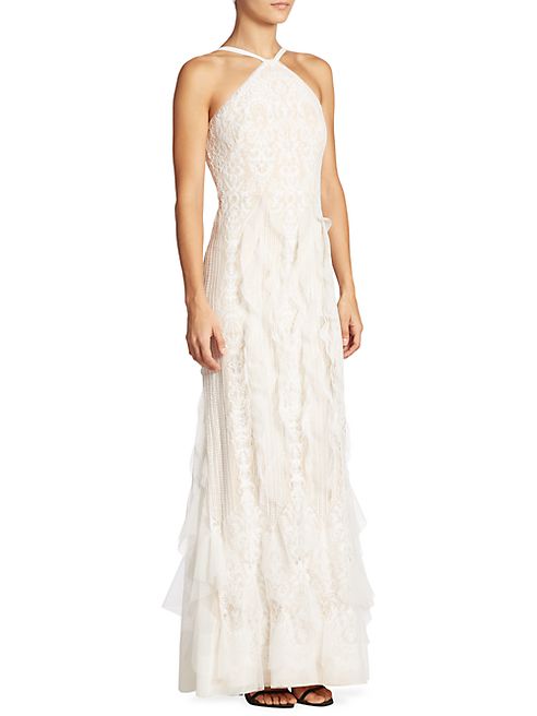 BCBGMAXAZRIA - Ruffled Lace Halter Gown