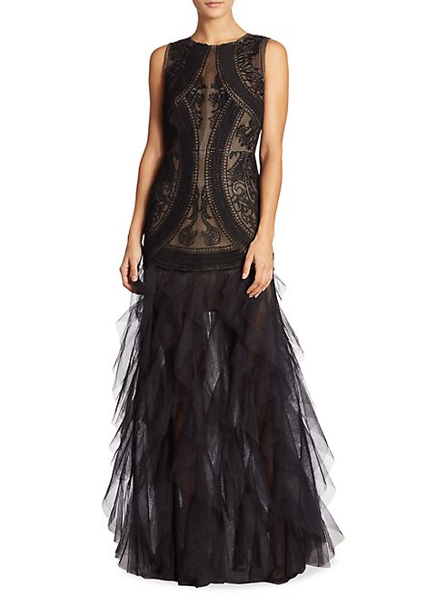 BCBGMAXAZRIA - V-Back Lace & Tulle Gown